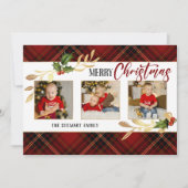 メリークリスマス葉金ゴールド3 – フォトレッドタータンチェック シーズンカード (正面)