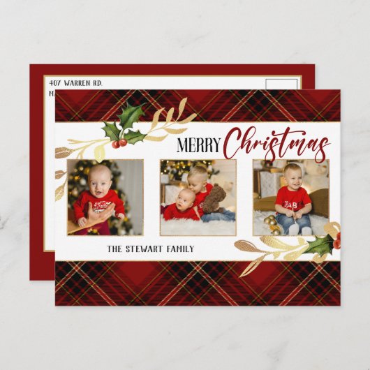 メリークリスマス葉金ゴールド3 – フォトレッドタータンチェック シーズンポストカード (正面/裏面)