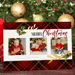 メリークリスマス葉金ゴールド3 – フォトレッドタータンチェック 箔シーズンカード