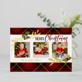 メリークリスマス葉金ゴールド3 – フォトレッドタータンチェック 箔シーズンカード (立ち正面)