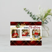 メリークリスマス葉金ゴールド3 – フォトレッドタータンチェック 箔シーズンポストカード (立ち正面)