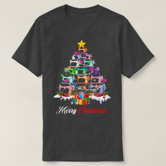 メリークリスマス裁縫機械クリスマスツリー灯Q Tシャツ (デザイン正面)
