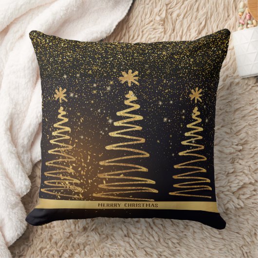 メリークリスマス豪華な輝く金ゴールドの木々黒 クッション (ブランケット)