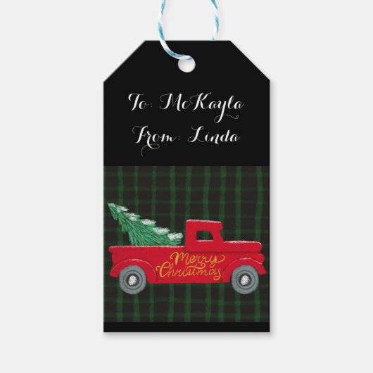 メリークリスマス赤いトラックと木 ギフトタグ (正面)