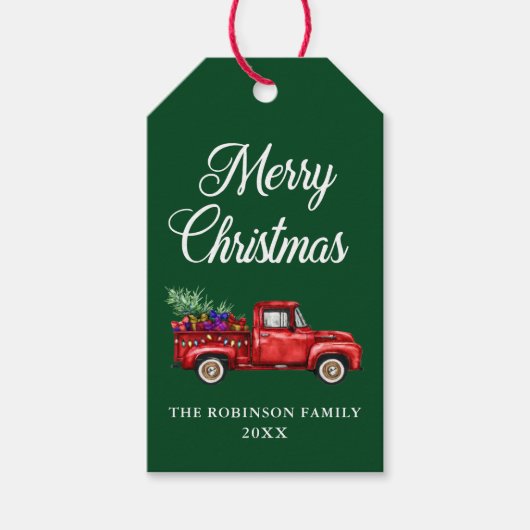 メリークリスマス赤いトラックの木のギフトライトグリーン ギフトタグ (正面)