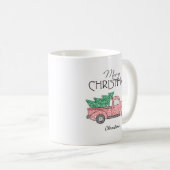 メリークリスマス赤いトラックの緑の木の名前 コーヒーマグカップ (正面右)