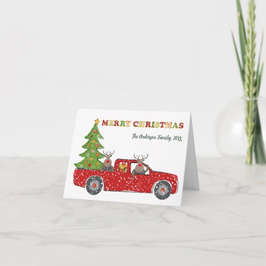 メリークリスマス赤いトラック、クリスマスツリーおもしろい シーズンカード (正面)