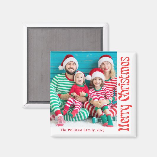メリークリスマス赤いレトロな書写真 マグネット (正面/裏面)