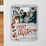 メリークリスマス赤い写真のコラージュ素朴 マグネット<br><div class="desc">メリー素朴スタイリッシュクリスマス手書き書道スクリプト3家族の写真バーンドウッド休日のフェスティバルを記念してマグネカスタムットと朱の赤い神聖な果実の枝を特集パーソナライズされた文字。</div>
