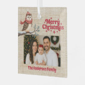 メリークリスマス赤い写真ベージュのバーラップフクロウ ガラスオーナメント (正面左)