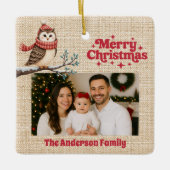 メリークリスマス赤い写真ベージュのバーラップフクロウ セラミックオーナメント (正面)