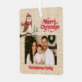 メリークリスマス赤い写真ベージュのバーラップフクロウ メタルオーナメント (正面左)