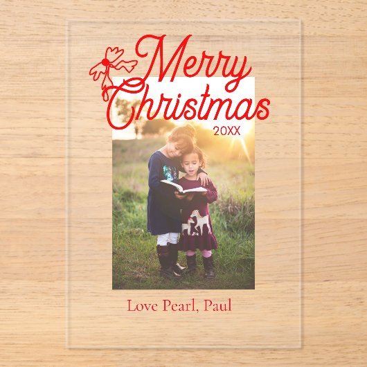 メリークリスマス赤い弓の子供の写真モダンエレガント アクリル招待状 (正面)