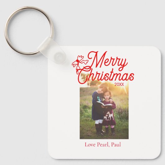 メリークリスマス赤い弓の子供の写真モダンエレガント キーホルダー (正面)