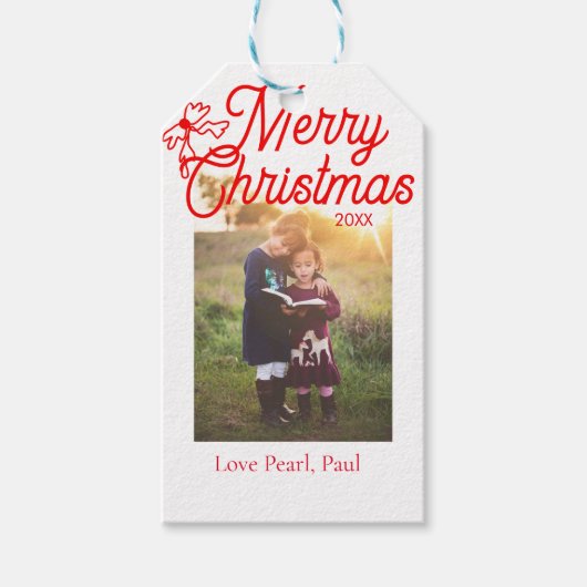 メリークリスマス赤い弓の子供の写真モダンエレガント ギフトタグ (正面)