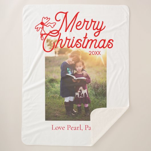 メリークリスマス赤い弓の子供の写真モダンエレガント シェルパブランケット (正面)