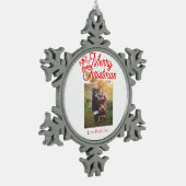 メリークリスマス赤い弓の子供の写真モダンエレガント スノーフレークピューターオーナメント (左)