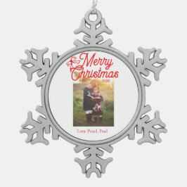 メリークリスマス赤い弓の子供の写真モダンエレガント スノーフレークピューターオーナメント