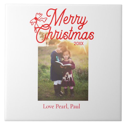 メリークリスマス赤い弓の子供の写真モダンエレガント タイル (正面)