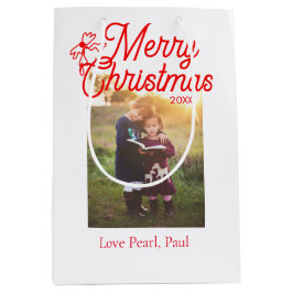 メリークリスマス赤い弓の子供の写真モダンエレガント ミディアムペーパーバッグ