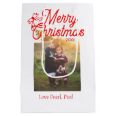 メリークリスマス赤い弓の子供の写真モダンエレガント ミディアムペーパーバッグ (裏面)