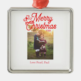 メリークリスマス赤い弓の子供の写真モダンエレガント メタルオーナメント