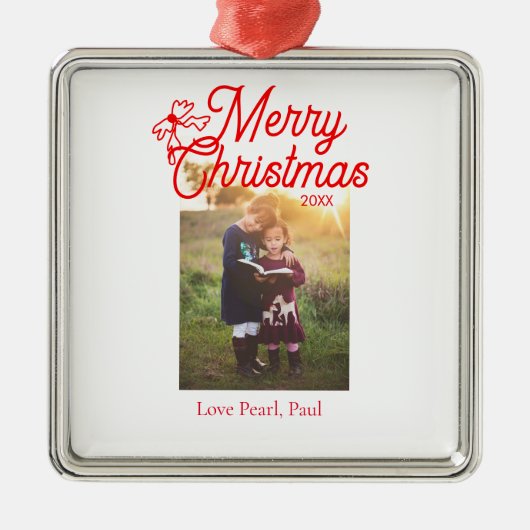 メリークリスマス赤い弓の子供の写真モダンエレガント メタルオーナメント (正面)