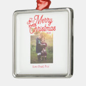 メリークリスマス赤い弓の子供の写真モダンエレガント メタルオーナメント (左)