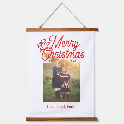 メリークリスマス赤い弓の子供の写真モダンエレガント 吊り下げ型タペストリー (正面)