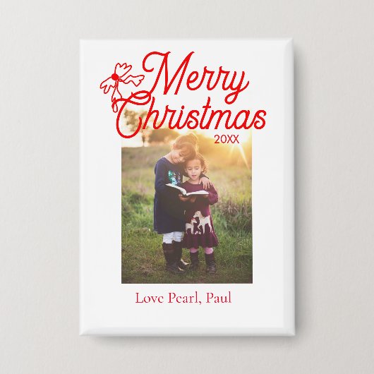 メリークリスマス赤い弓の子供の写真モダンエレガント 缶バッジ (正面)