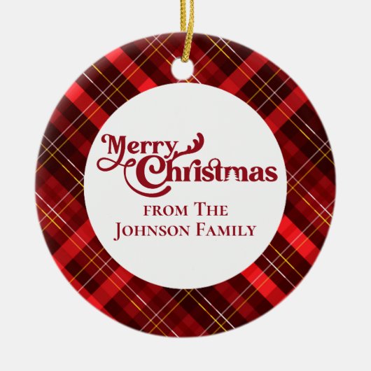メリークリスマス赤い格子模様のパーソナライズされた形見 セラミックオーナメント (正面)