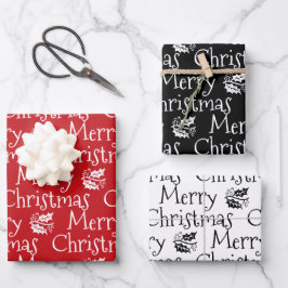 メリークリスマス赤い白い黒いヤドリギかわいい ラッピングペーパーシート