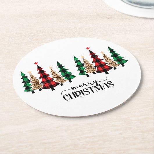 メリークリスマス赤い緑の格子木 ラウンドペーパーコースター (アングル)