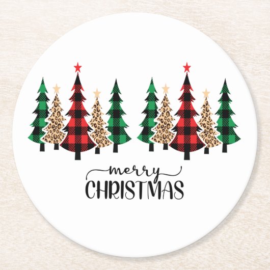 メリークリスマス赤い緑の格子木 ラウンドペーパーコースター (正面)