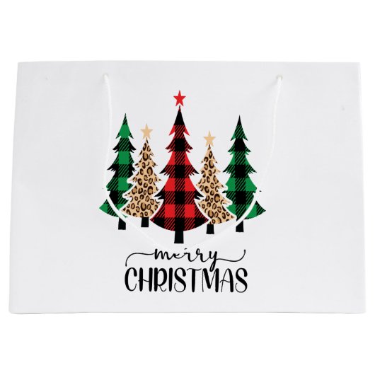 メリークリスマス赤い緑の格子木 ラージペーパーバッグ (正面)