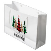 メリークリスマス赤い緑の格子木 ラージペーパーバッグ (正面アングル)
