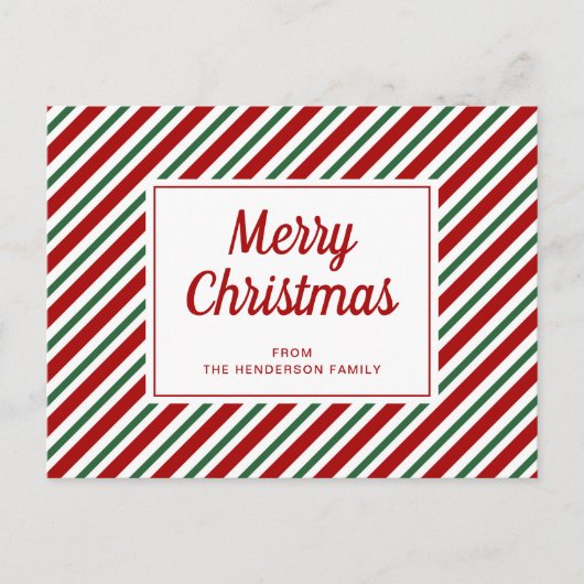 メリークリスマス赤い緑の白パタストライプのーン ポストカード (正面)