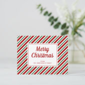 メリークリスマス赤い緑の白パタストライプのーン ポストカード (スタンド正面)