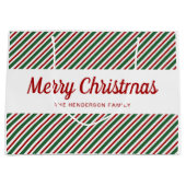 メリークリスマス赤い緑の白パタストライプのーン ラージペーパーバッグ (正面)