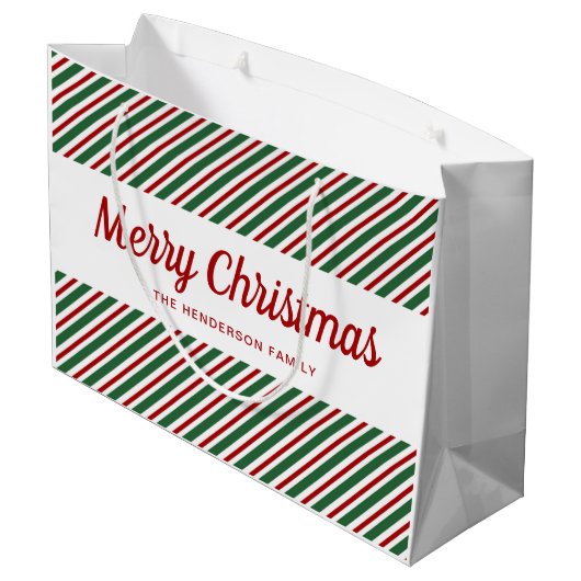 メリークリスマス赤い緑の白パタストライプのーン ラージペーパーバッグ (裏面アングル)