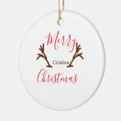メリークリスマス赤い茶色のトナカイのホルンホリデーテ セラミックオーナメント (左)