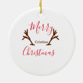 メリークリスマス赤い茶色のトナカイのホルンホリデーテ セラミックオーナメント (裏面)