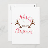 メリークリスマス赤い茶色のトナカイのホルンホリデーテ ポストカード (正面/裏面)