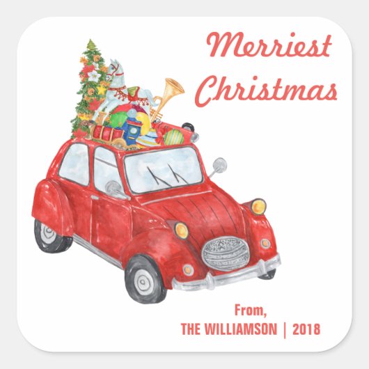 メリークリスマス赤い車の名前をカスタムする スクエアシール (正面)
