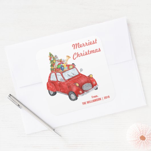 メリークリスマス赤い車の名前をカスタムする スクエアシール (封筒)