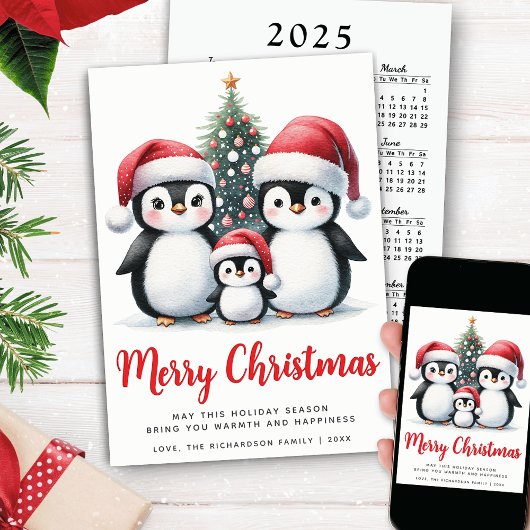 メリークリスマス赤と白かわいいペンギン家族 シーズンカード