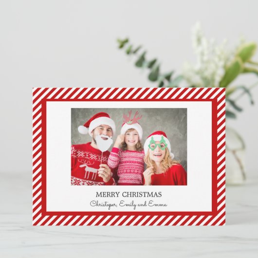 メリークリスマス赤と白のストライプフォトカード シーズンカード (スタンド正面)