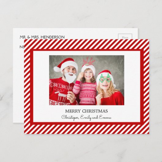 メリークリスマス赤と白のストライプフォトカード シーズンポストカード (正面/裏面)