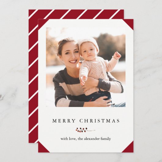 メリークリスマス赤と白のストライプ写真カード シーズンカード (正面/裏面)