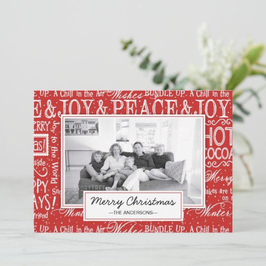 メリークリスマス赤と白聖句の家族の写真 シーズンカード (スタンド正面)